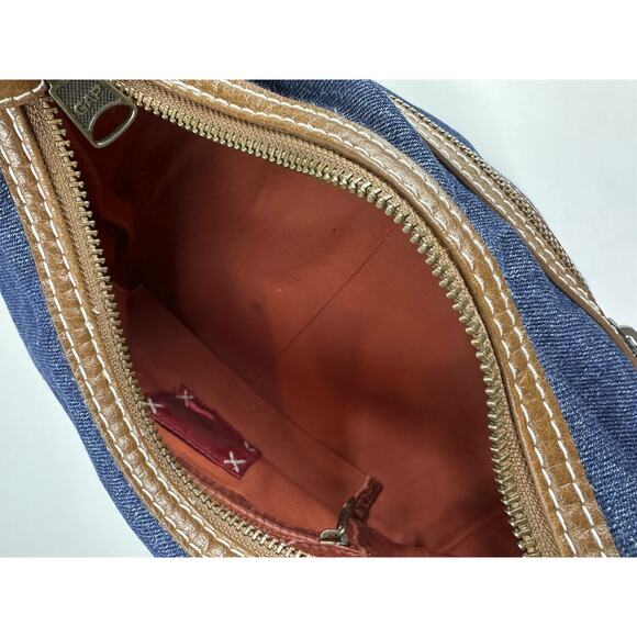 Y2K Gap Jeans 1969 Denim Hobo Shoulder Bag Brown Leather Trim Brass Zip Purse - Picture 12 of 16